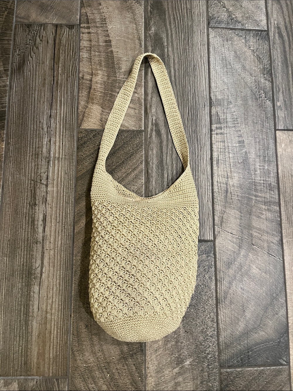 Woven Crochet Shoulder Bag in Beige - Lightweight Everyday Tote. 11.5”x 14x 18”.